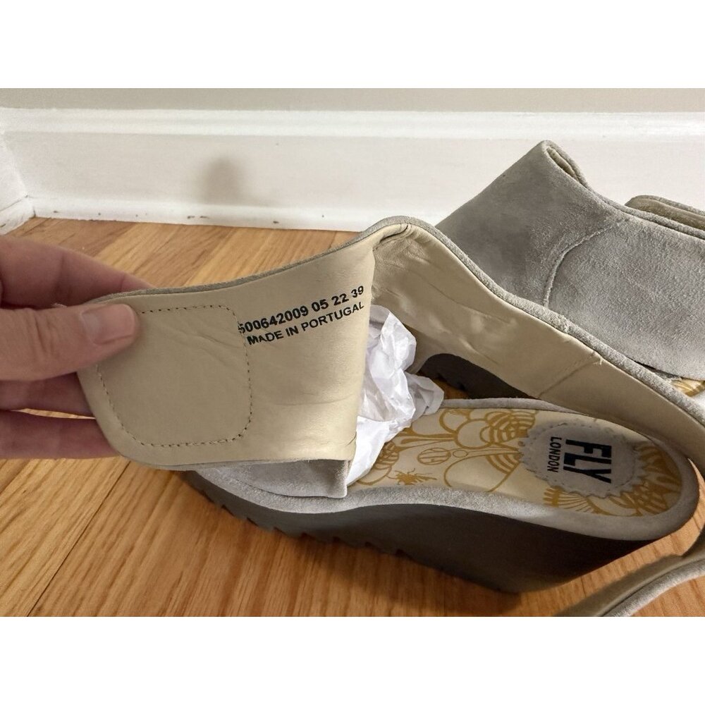 Fly London womens EU 39 US 8 8.5 Yone Peep Toe suede leather wedge heels beige - Picture 9 of 11